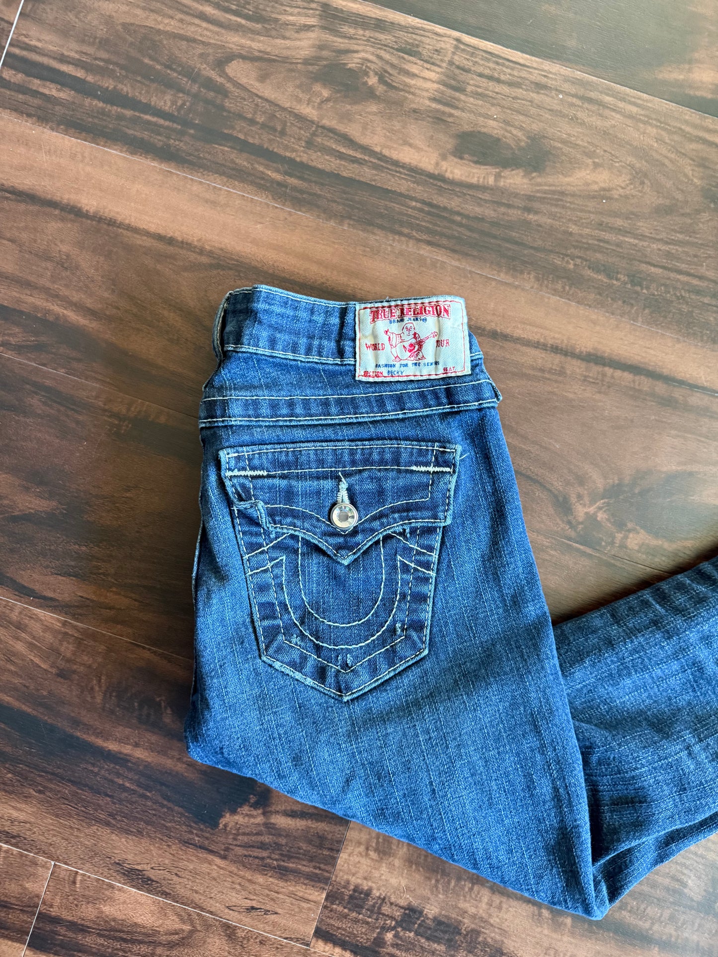 Vintage True Religion Dark Wash Distressed Flare Denim Jeans- 28x31