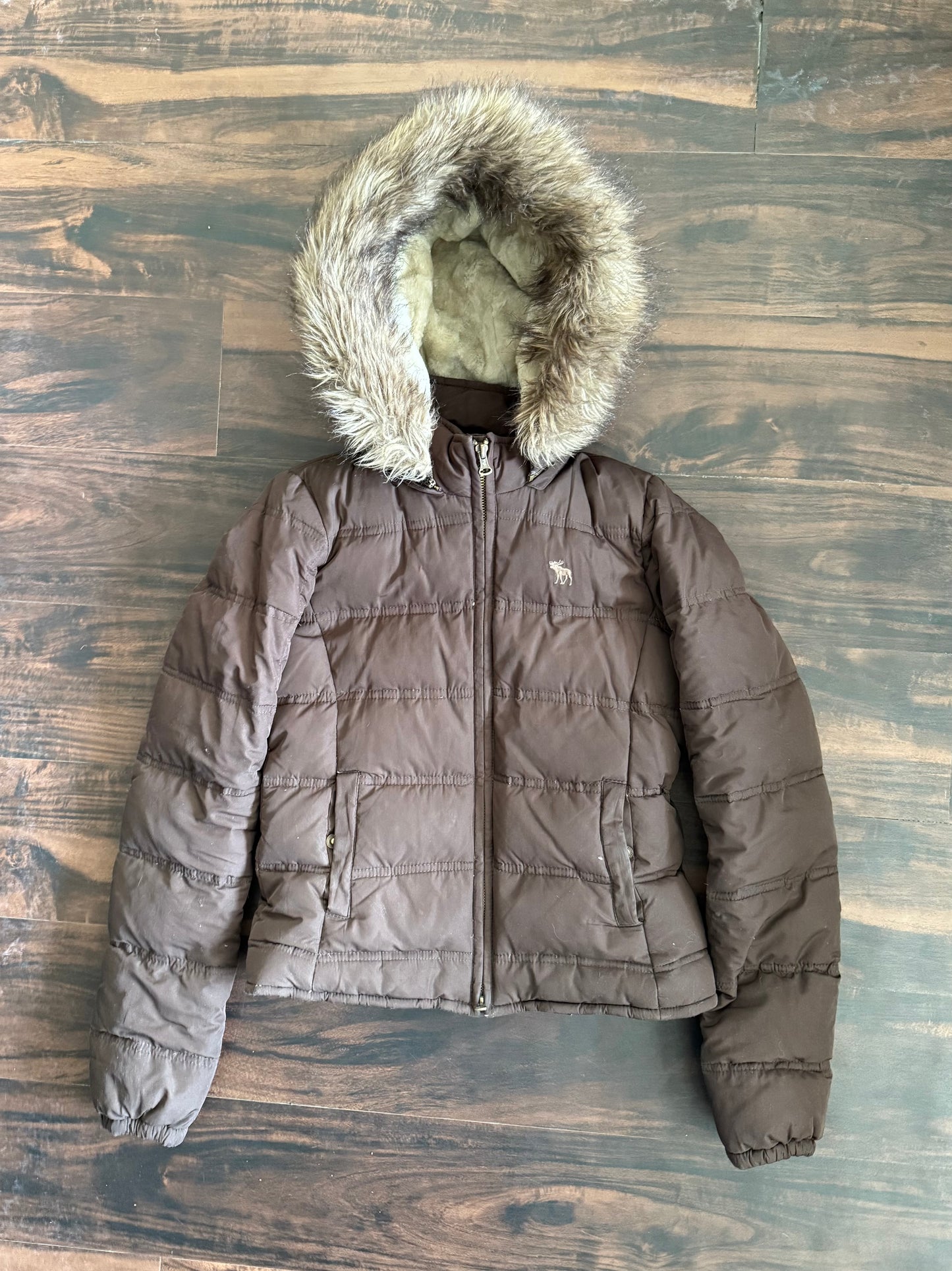 Vintage Y2K Abercrombie & Fitch Brown Fur Hooded Puffer Jacket- S