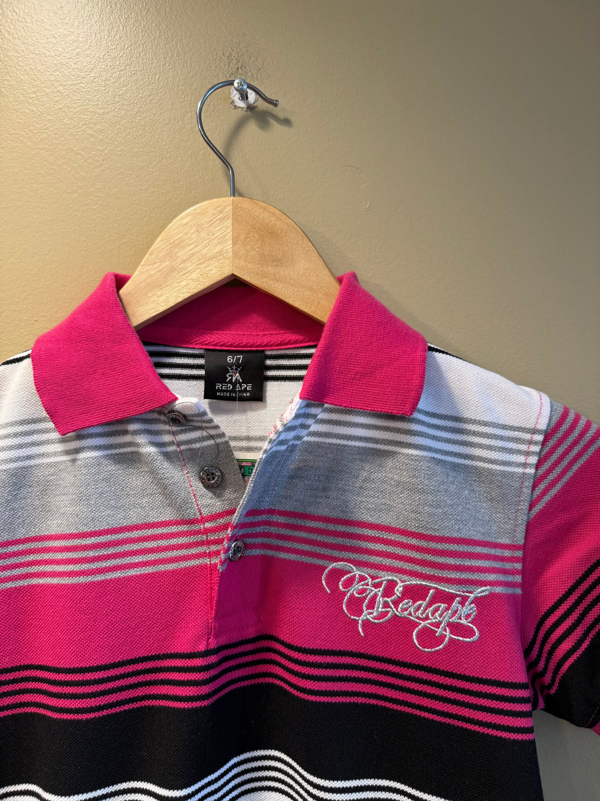 Vintage Red Ape Striped Pink Women’s Polo Shirt- S
