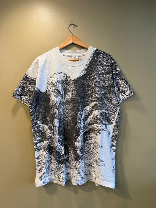 Vintage Bald Eagle Black & White All Over Print Nature T-Shirt- L