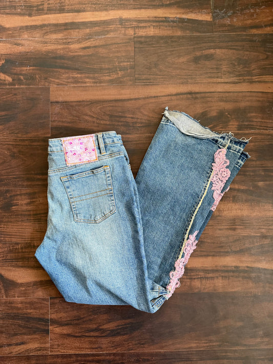 Vintage Bisou Bisou Women’s Pink Lace Blue Flared Denim Jeans- 34x33