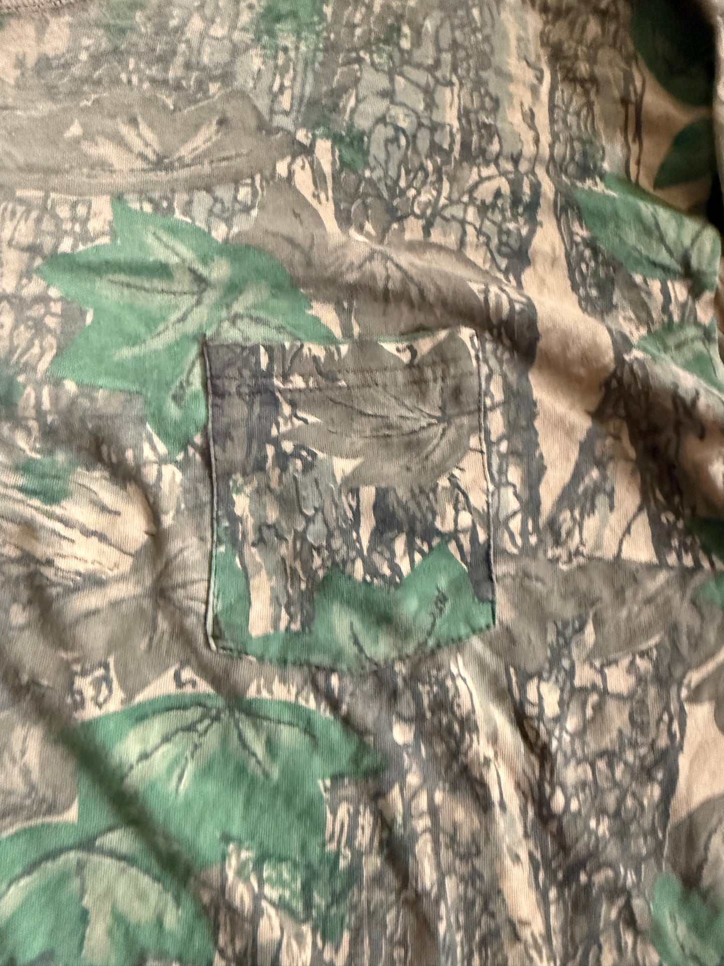 Vintage Distressed Treebark Camouflage Long Sleeve Pocket T-Shirt- XL