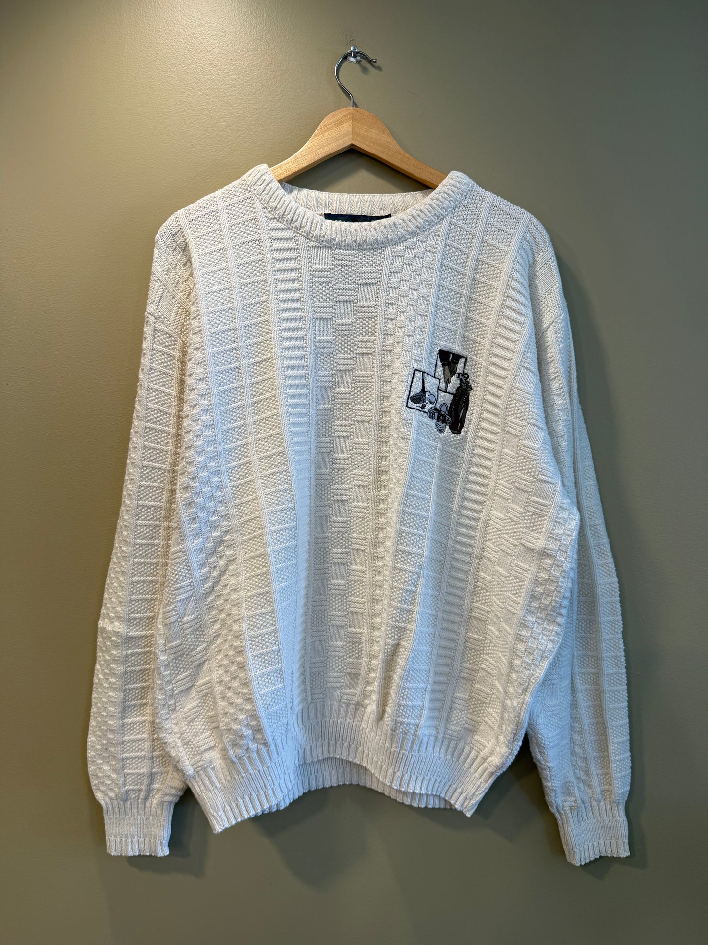Vintage Carmel White Golf Knit Cotton Sweater- L/XL