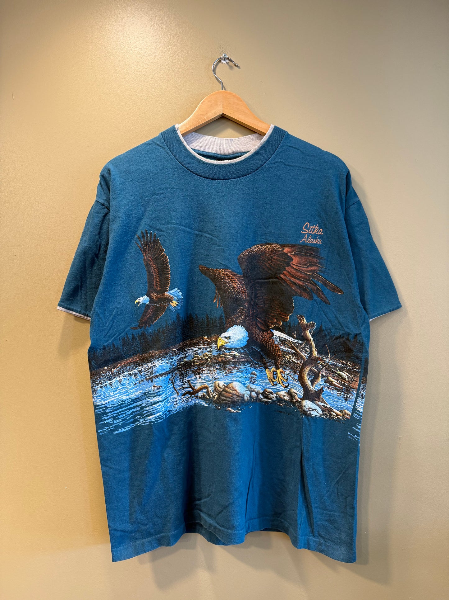 Vintage Bald Eagle Sitka Alaska Blue Wrap-Around Print T-Shirt- L