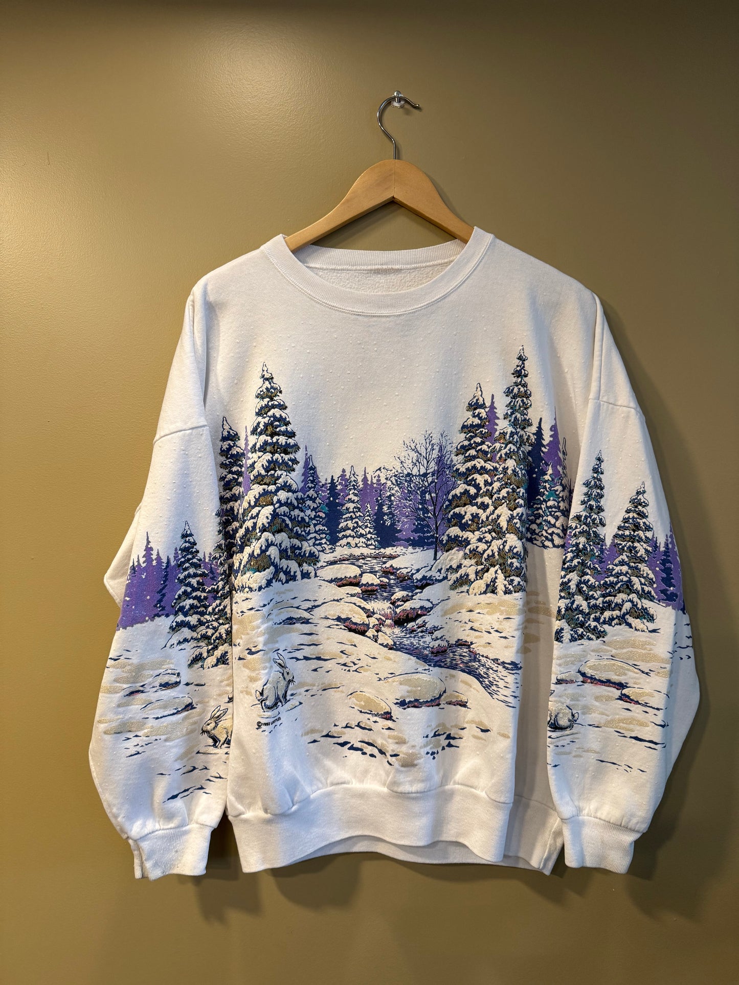 Vintage Snowy Nature Bunny Crewneck Sweatshirt- XL