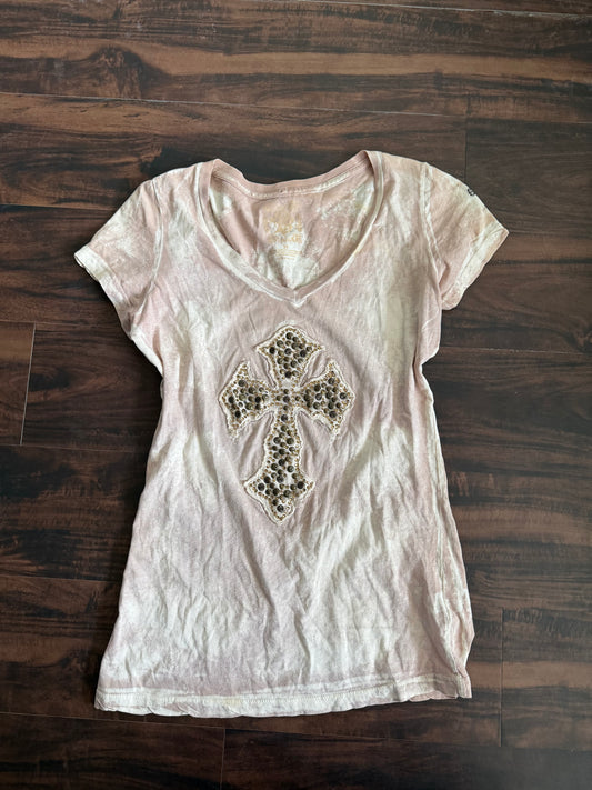 Vintage Y2K Embellished Cross Pink T-Shirt- S
