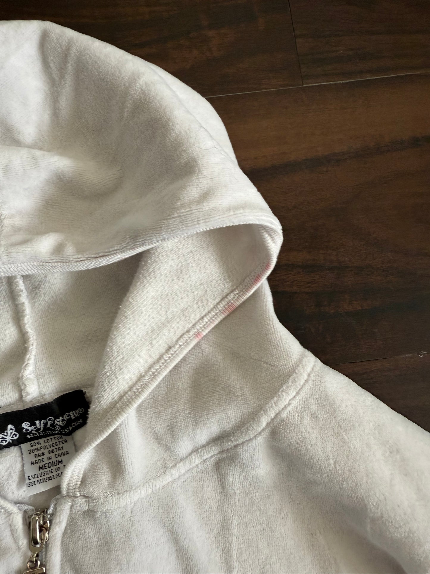Vintage White Velour Zip-Up Hoodie Sweatshirt- M