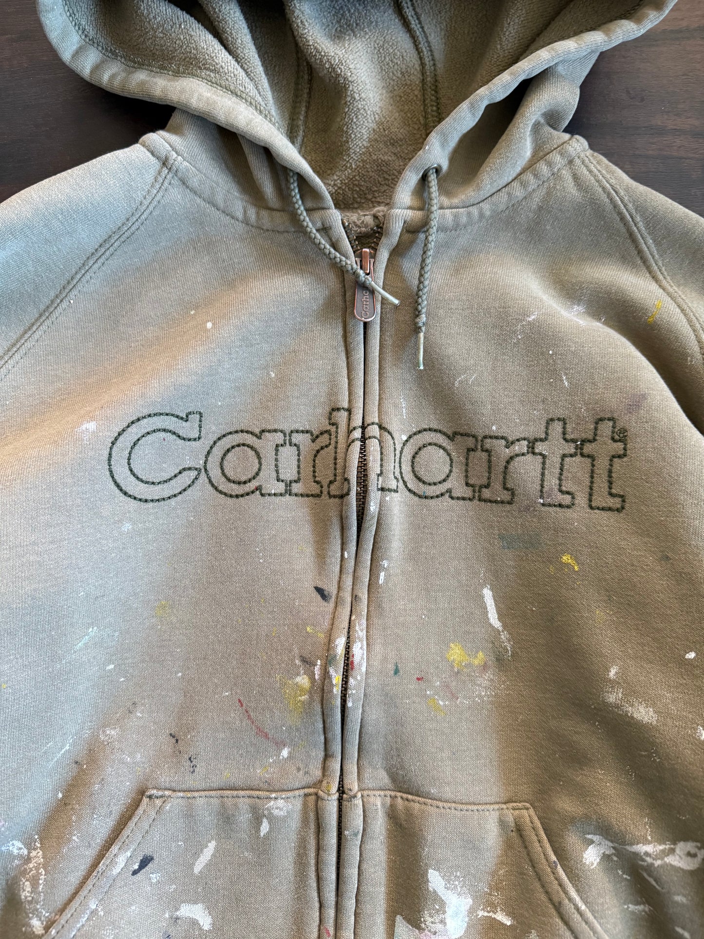 Vintage Carhartt Embroidered Distressed Paint-Splattered Zip-Up Green Hoodie- S