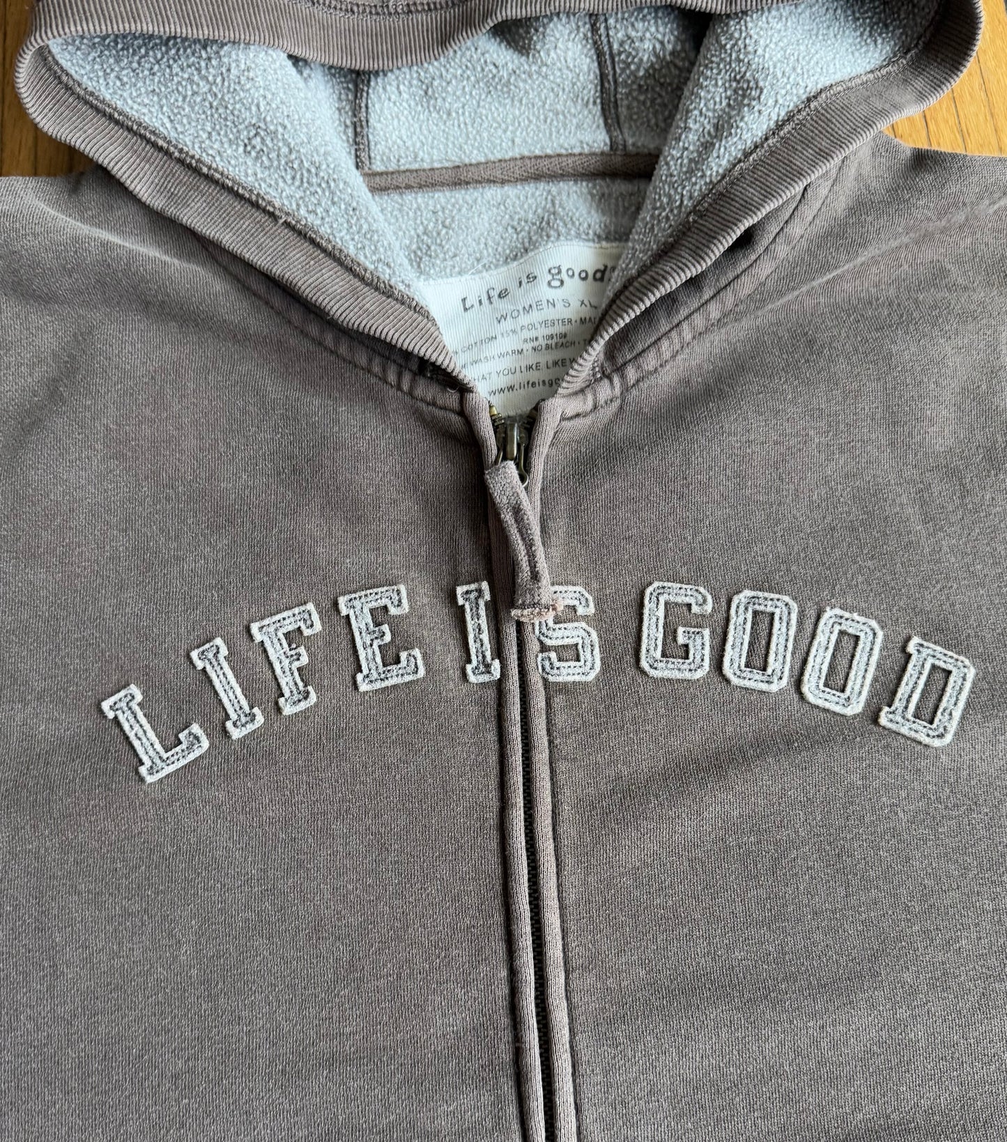 Vintage Life Is Good Brown Zip-Up Hoodie Sweatshirt- M