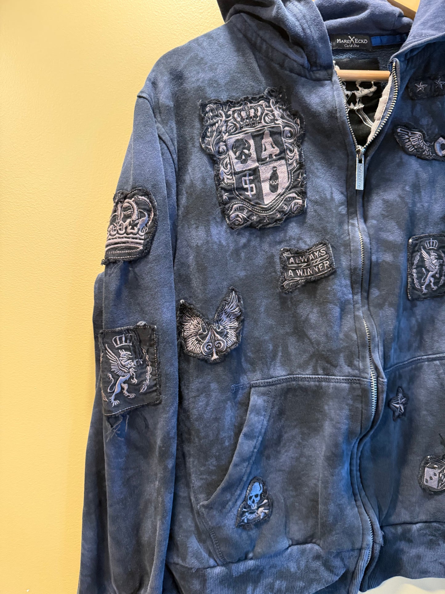 Vintage March Echo Y2K Cut & Sew Blue Zip-Up Hoodie Sweatshirt- M