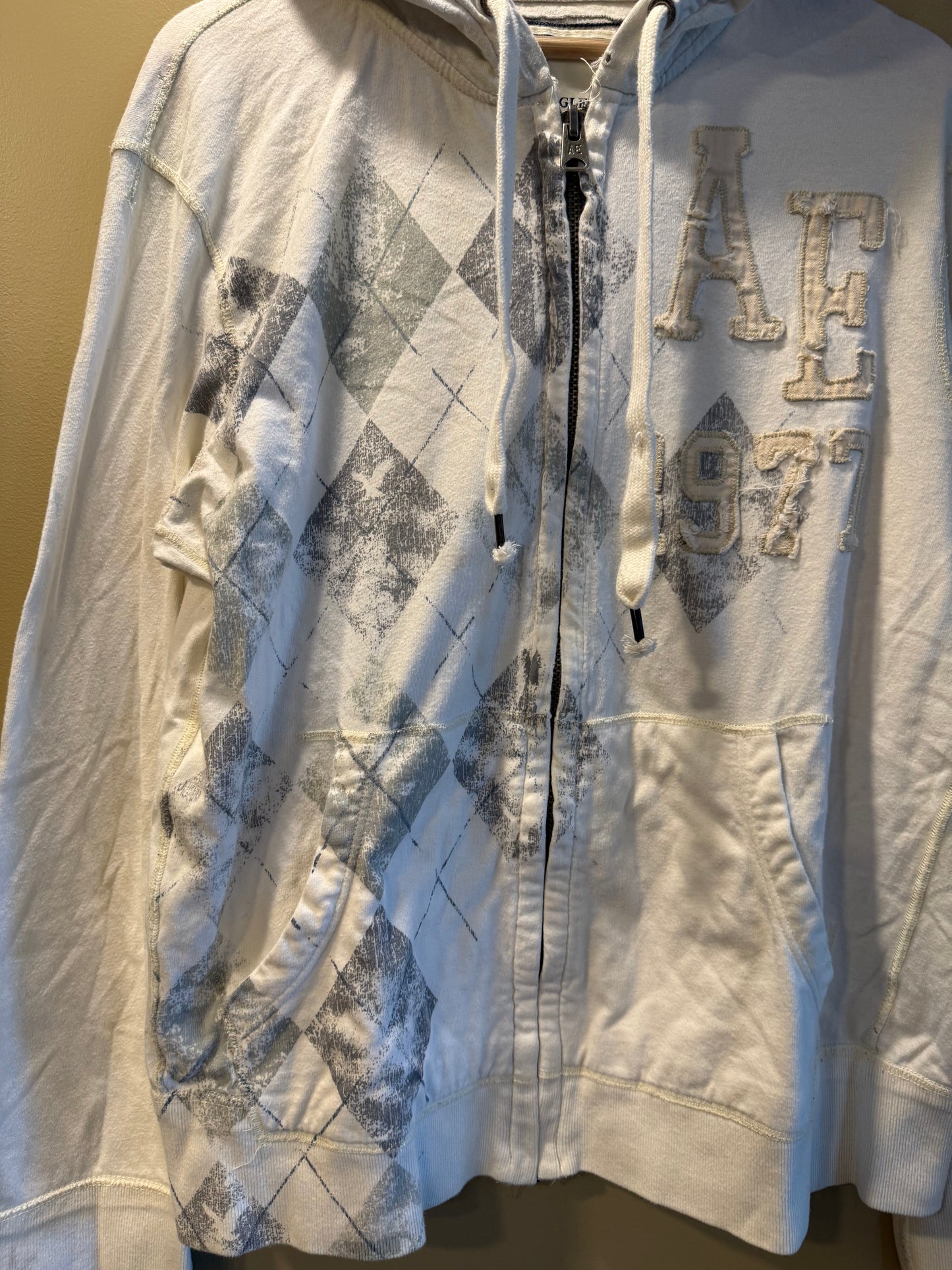 Vintage American Eagle White Argyle Print Zip-Up Hoodie Sweatshirt- L