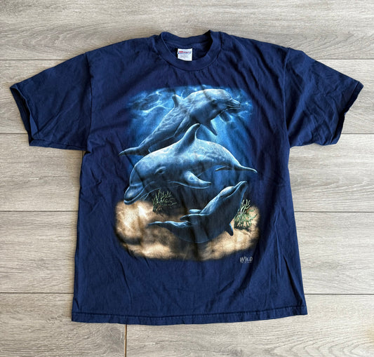 Vintage Dolphins Nature Navy Blue T-Shirt- L