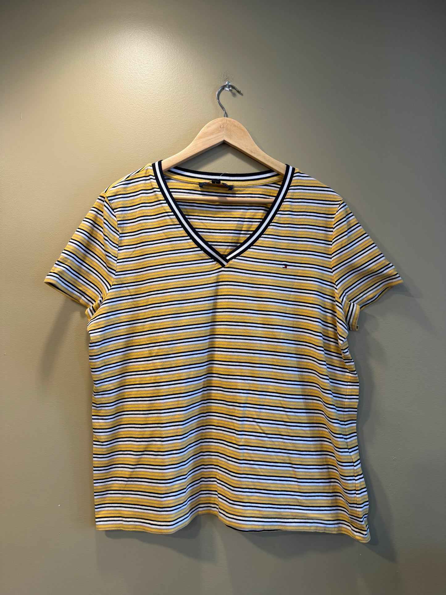 Vintage Tommy Hilfiger Yellow Striped V-Neck T-Shirt- XL/XXL