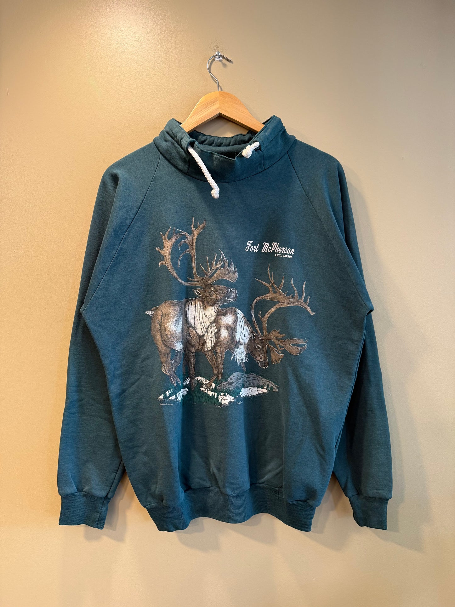 Vintage Elk Fort McPherson Nature Forest Green Singe Mock Neck Sweatshirt- XL