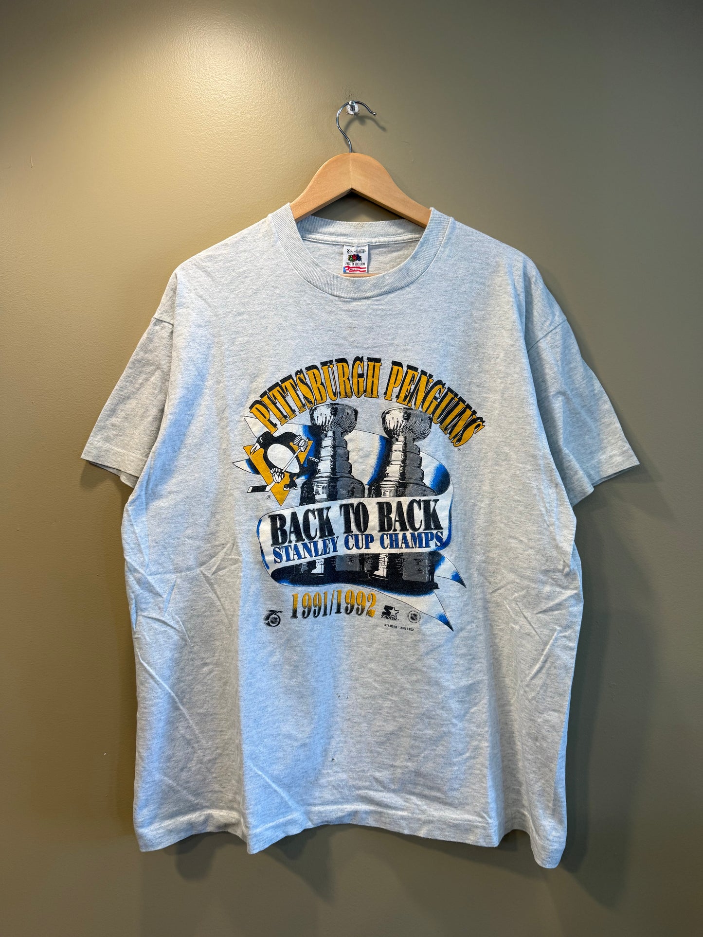 Vintage Pittsburgh Penguins NHL Gray Back To Back Stanley Cup Champions T-Shirt- XL