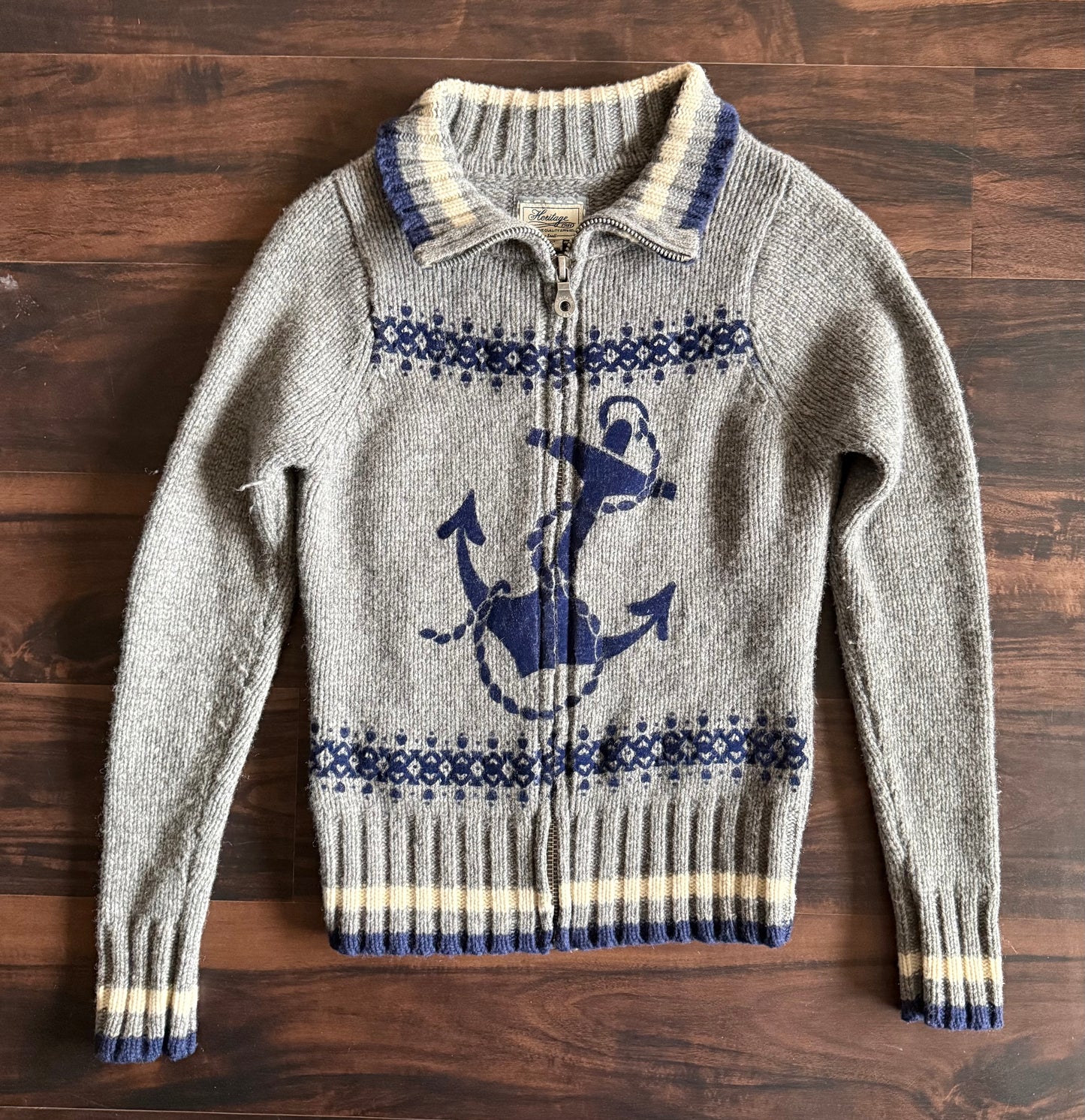 Vintage Heritage Collared Anchor Navy Zip-Up Sweater- S