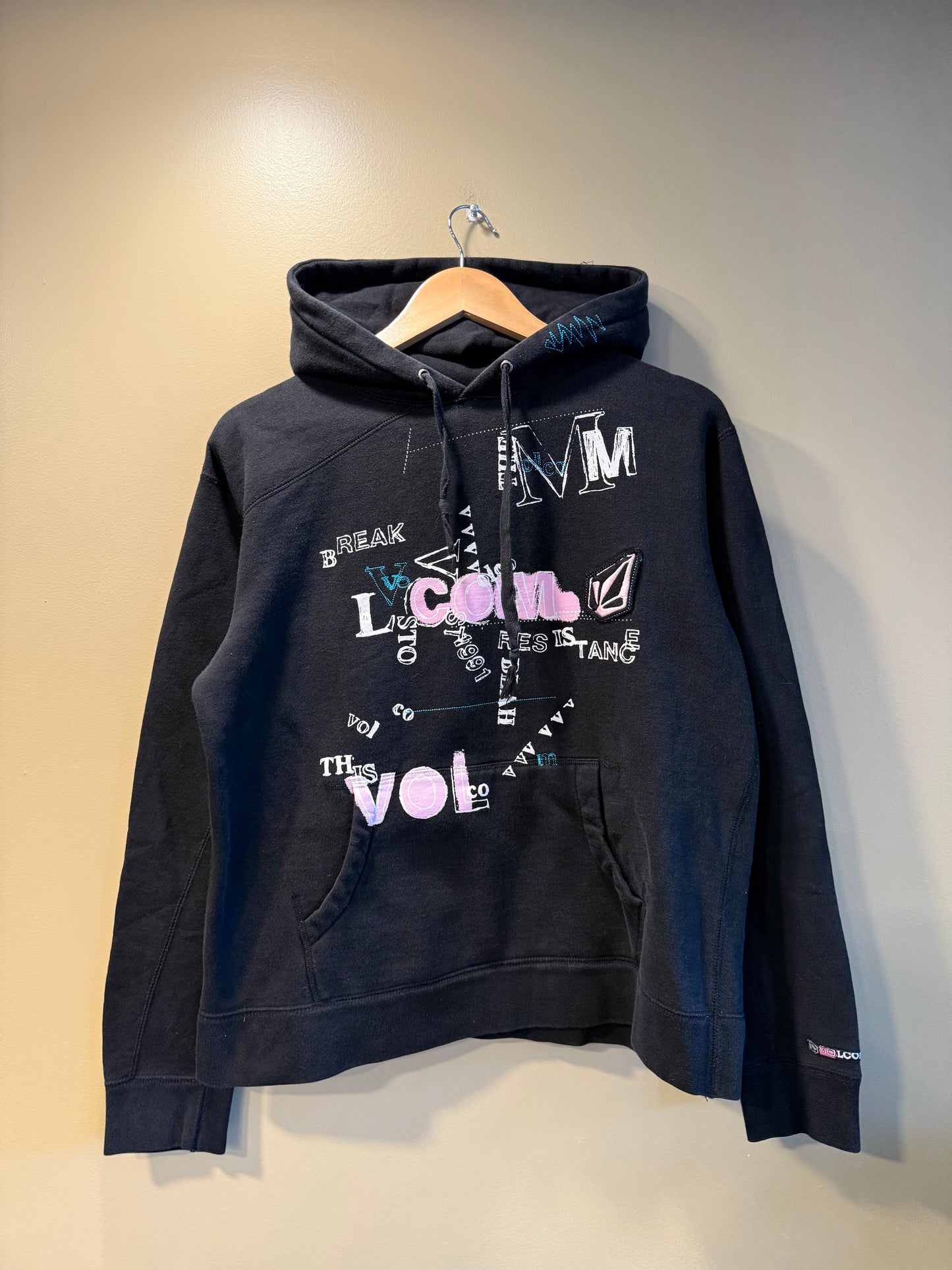 Vintage Volcom Pink & Blue Embroidered Hoodie Sweatshirt- M