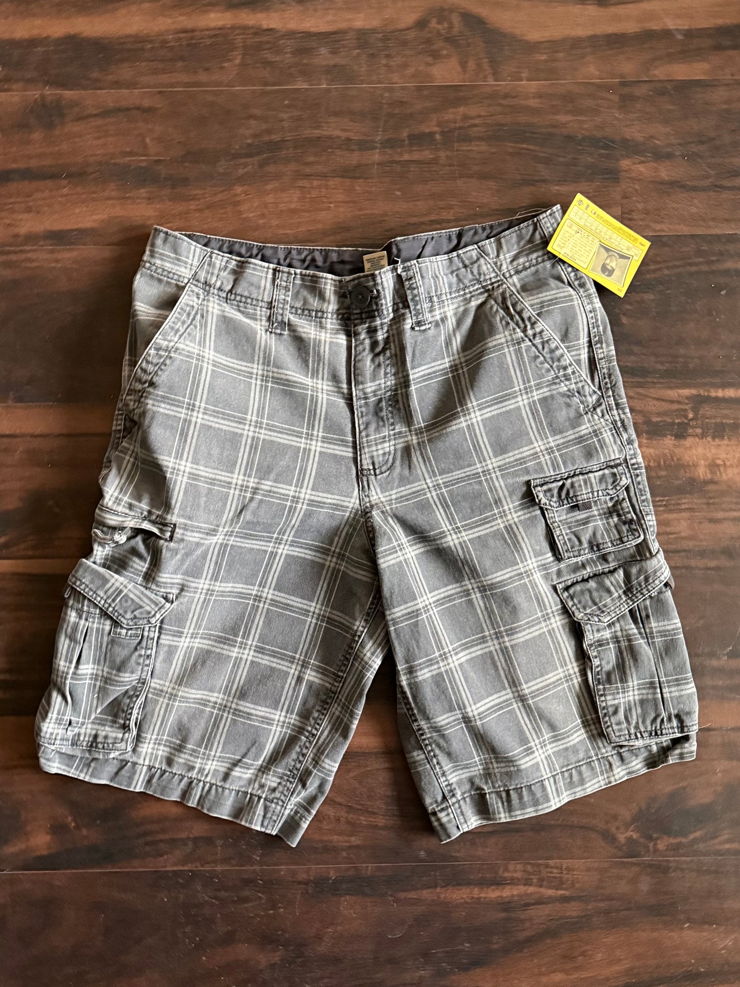 Vintage Y2K Faded Glory Gray Checkered Cargo Shorts- 34