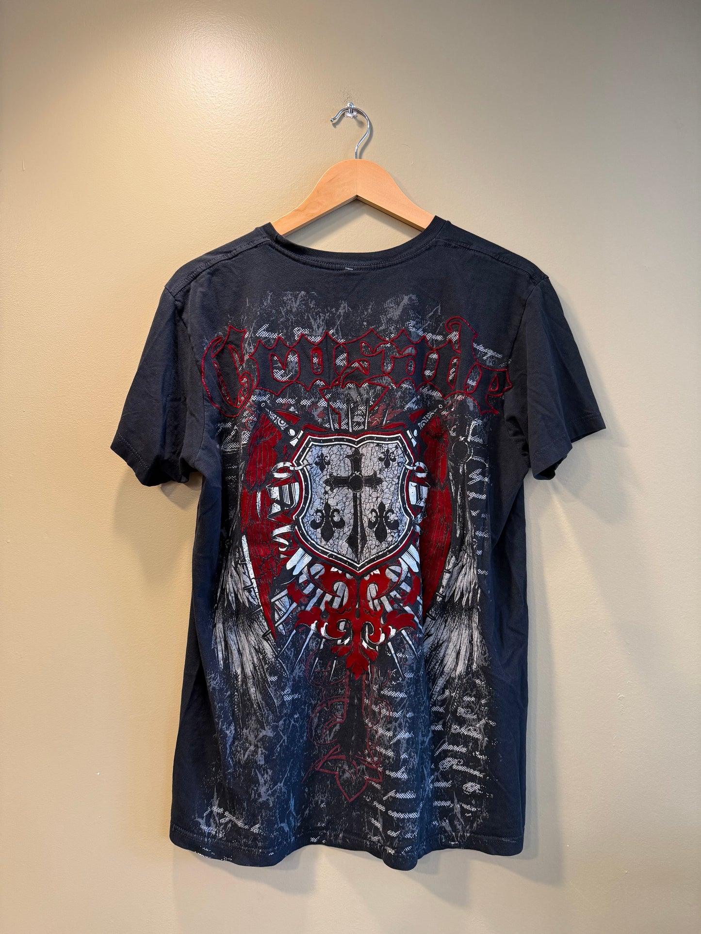 Vintage Y2K Crusade Cross & Shield Black T-Shirt- L
