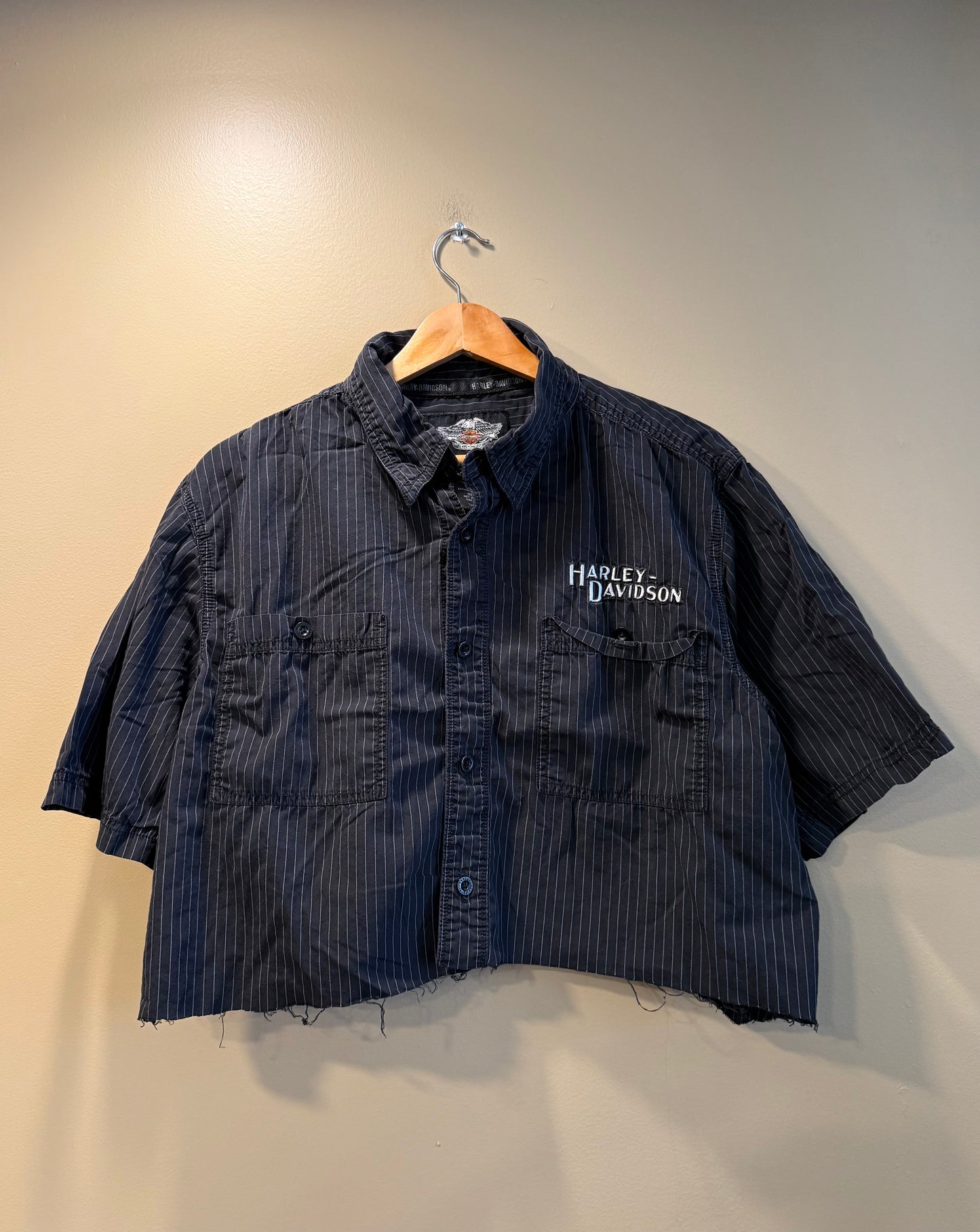Vintage Harley Davidson Cropped Striped Button-Up Black Shirt- L