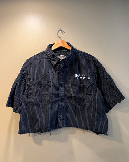 Vintage Harley Davidson Cropped Striped Button-Up Black Shirt- L