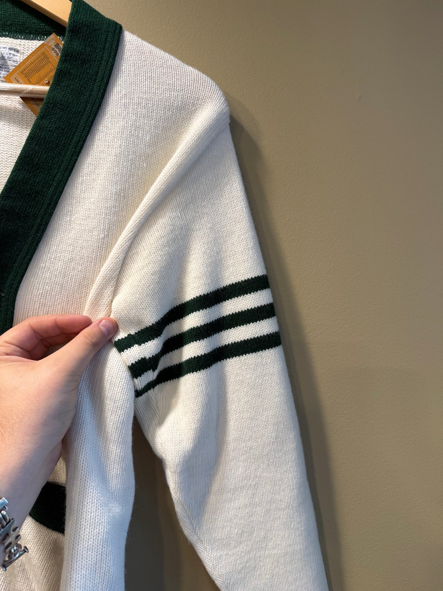 Vintage AMF White & Green Striped Cardigan Sweater- S