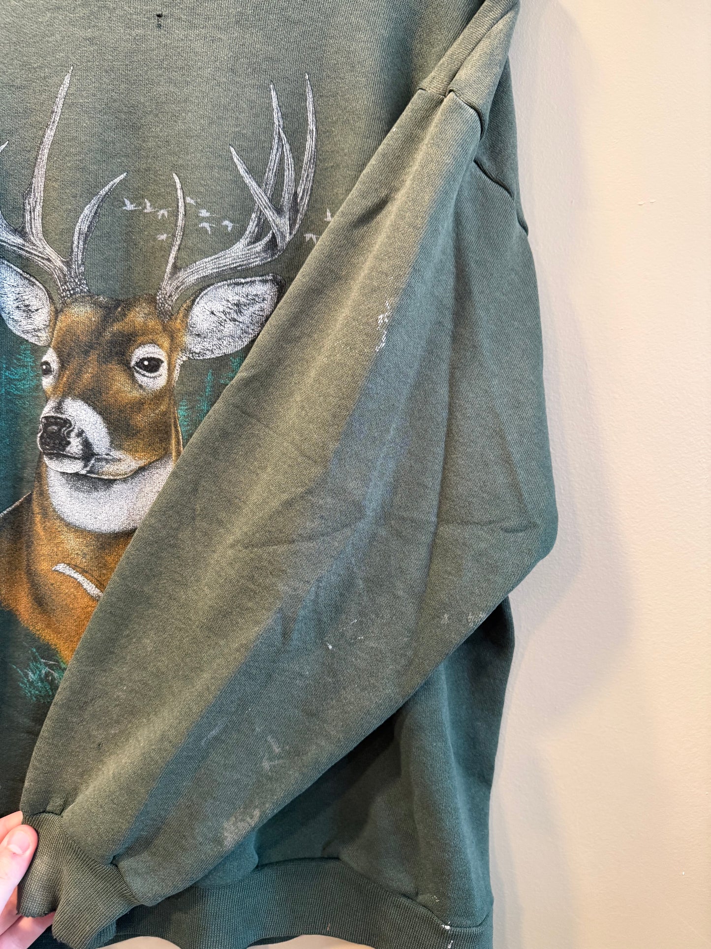 Vintage Buck Deer Nature Distressed Green Crewneck Sweatshirt- XL