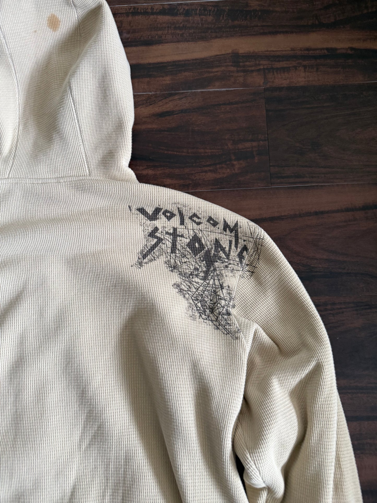 Vintage Y2K Volcom Nuetral Tone Waffle Knit Zip-Up Hoodie Sweatshirt- XL
