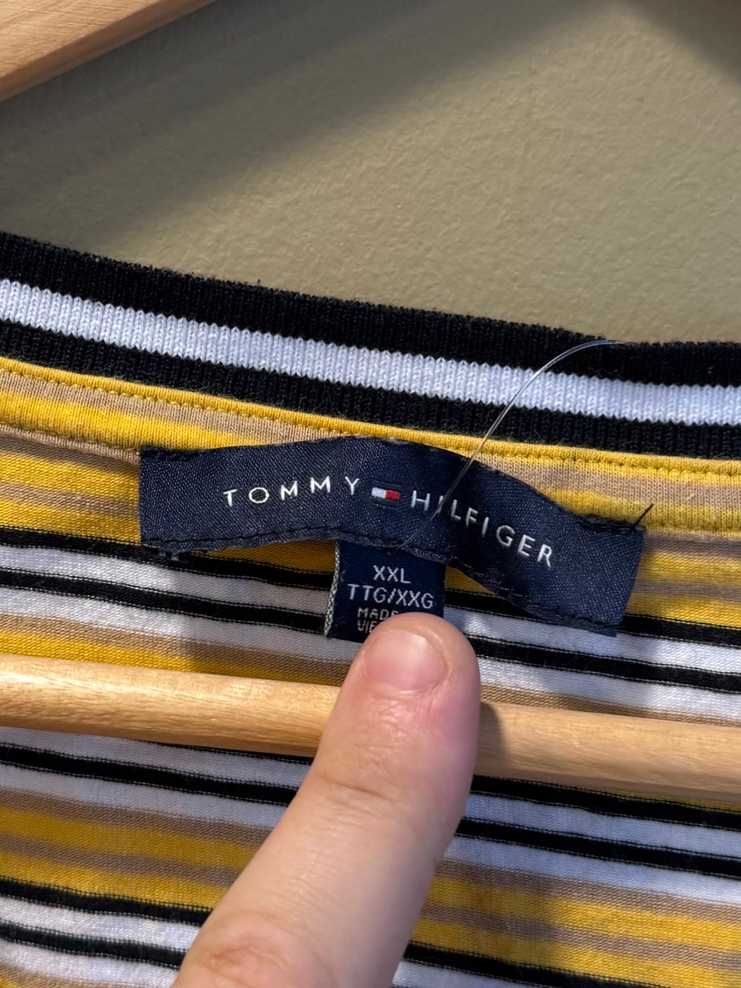Vintage Tommy Hilfiger Yellow Striped V-Neck T-Shirt- XL/XXL