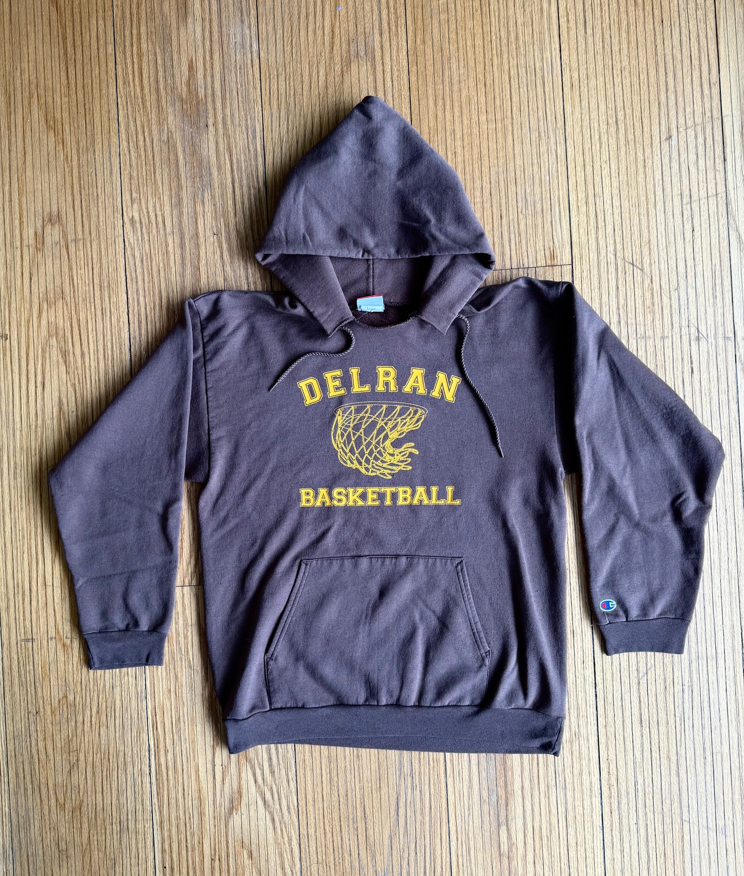 Vintage Champion Delran High School Basketball Brown Hoodie Sweatshirt- L