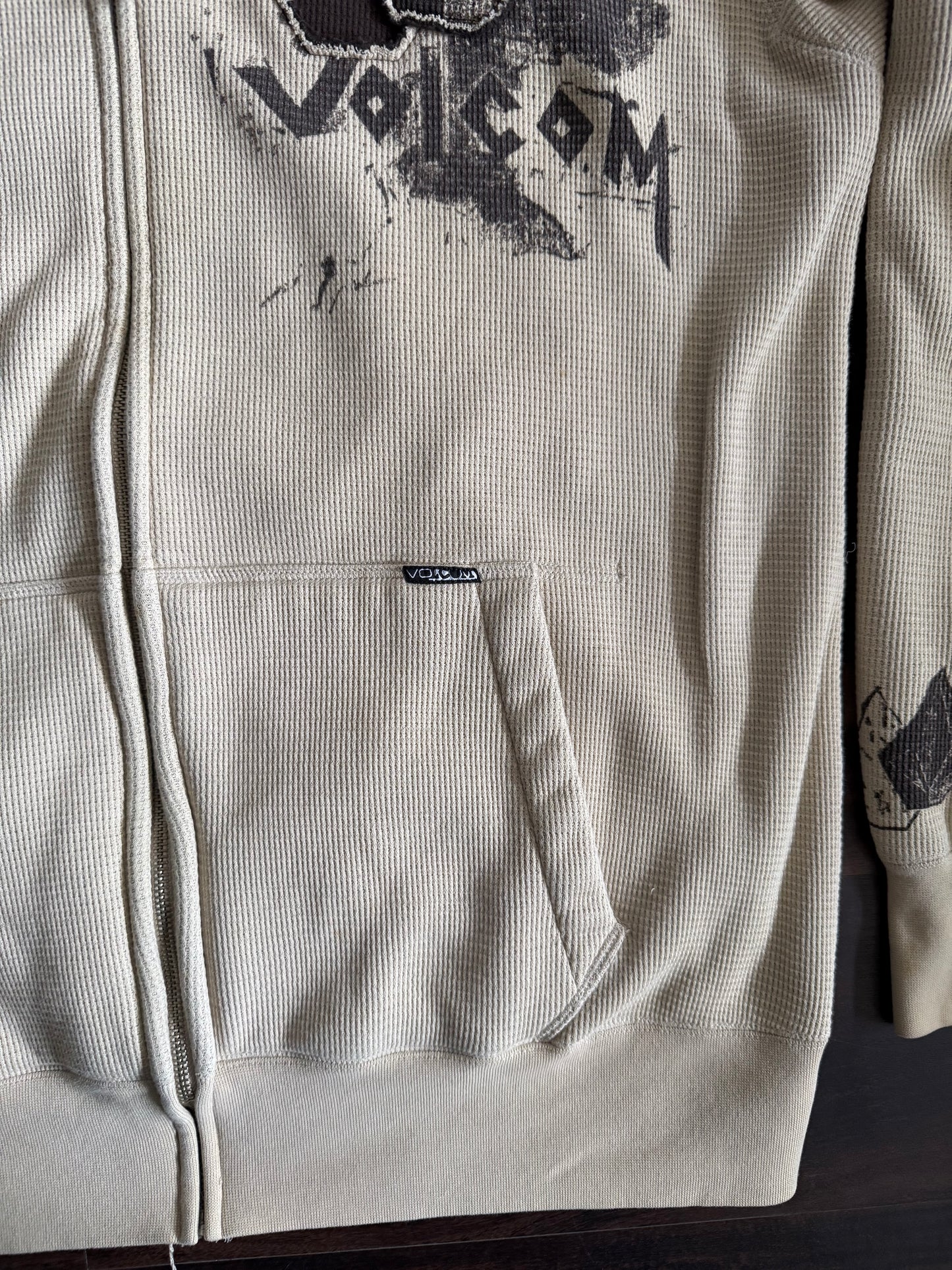 Vintage Y2K Volcom Nuetral Tone Waffle Knit Zip-Up Hoodie Sweatshirt- XL