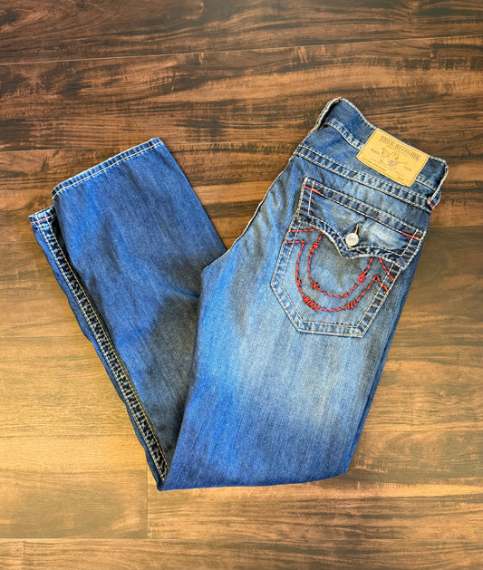 Vintage True Religion Red Lined Distressed Denim Jeans- 34x32