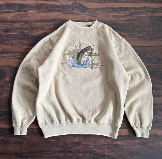 Vintage Large Mouth Bass Nature Fishing Tan Crewneck Sweatshirt- M