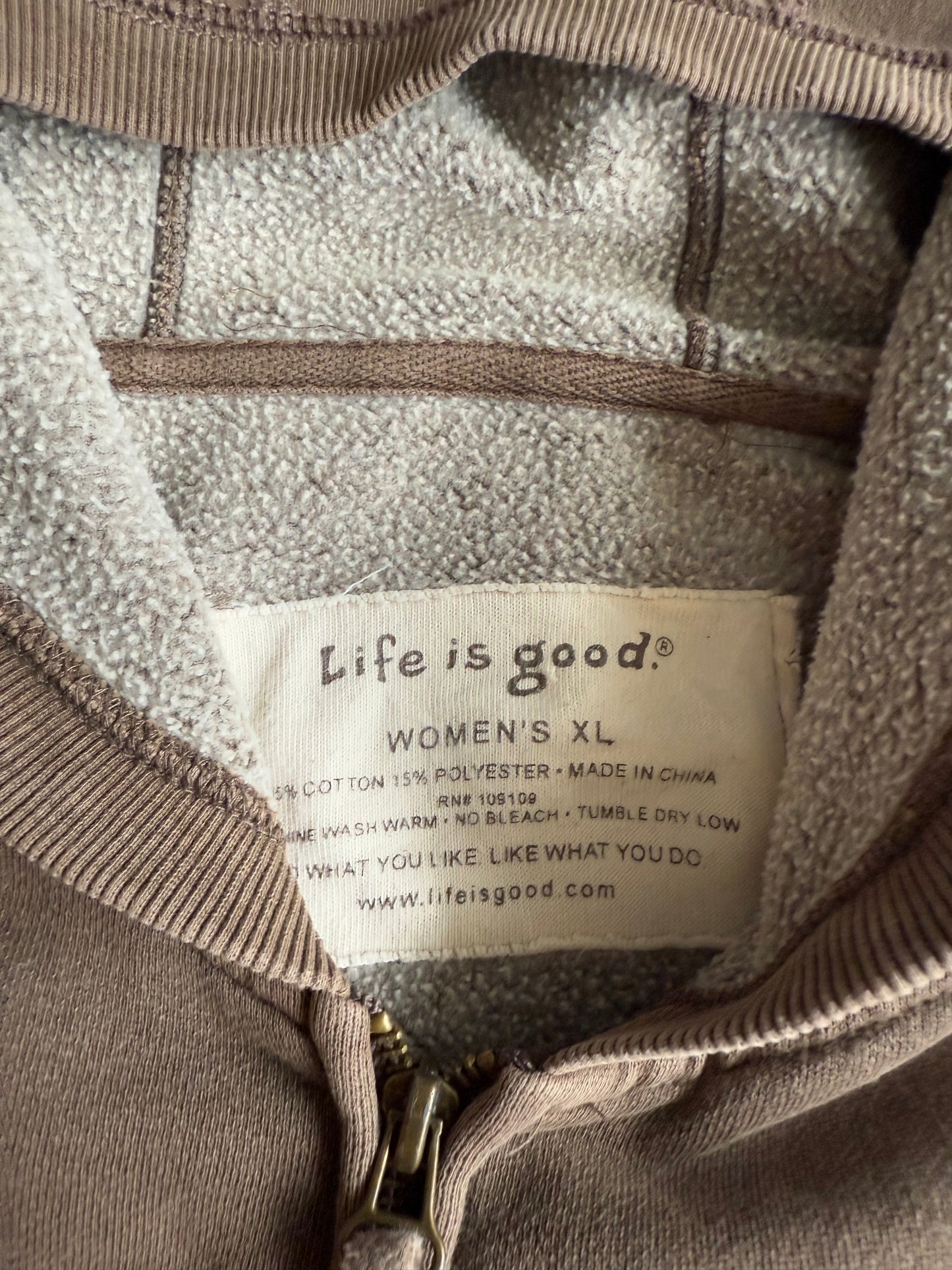 Vintage Life Is Good Brown Zip-Up Hoodie Sweatshirt- M