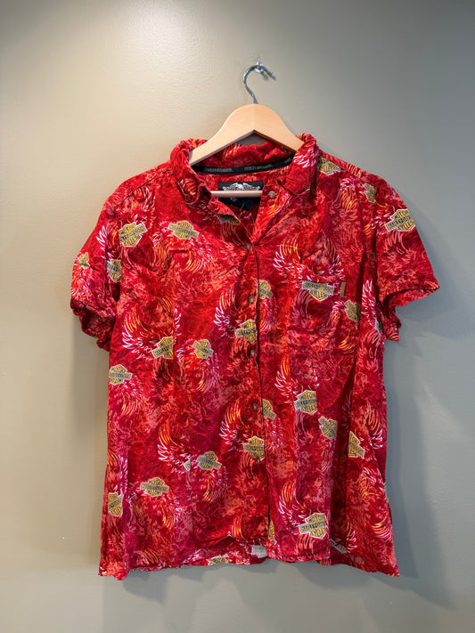 Vintage Harley Davidson Flames & Wings Hawaiian Shirt- L