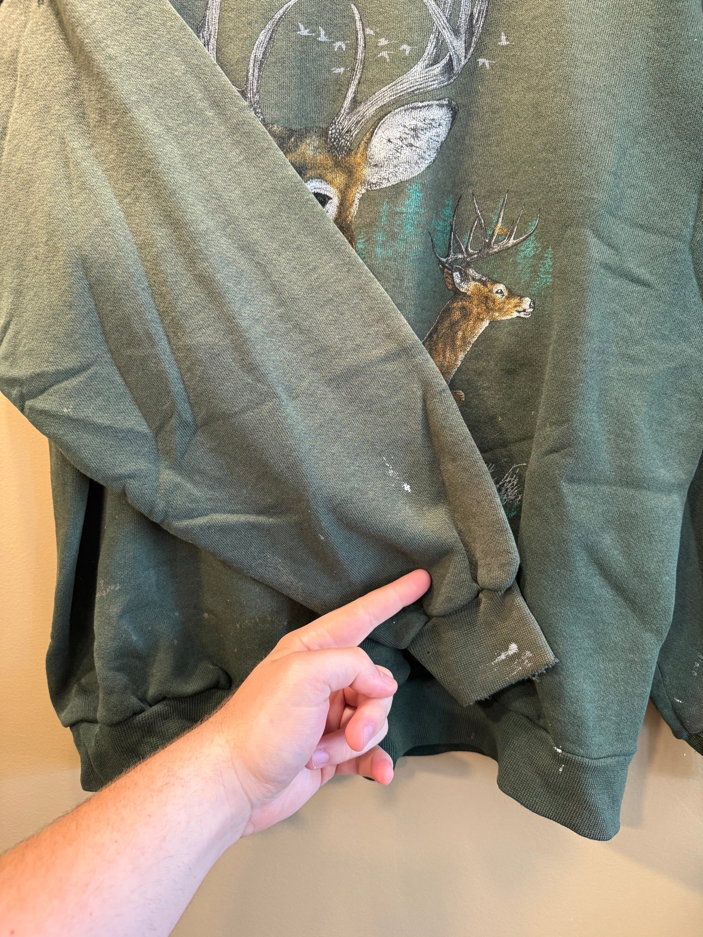 Vintage Buck Deer Nature Distressed Green Crewneck Sweatshirt- XL