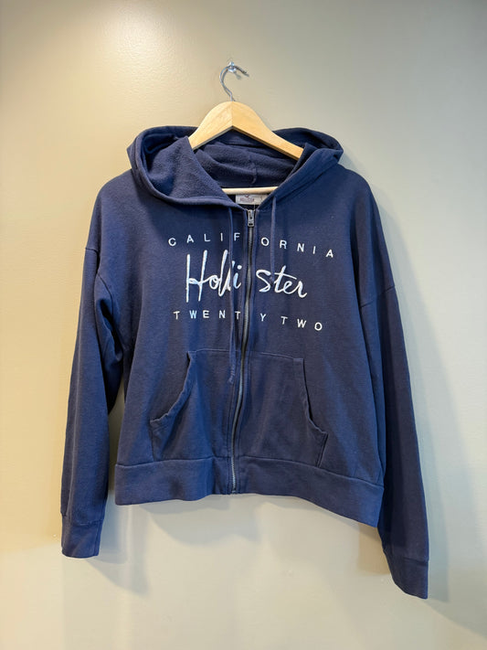 Vintage Y2K Hollister Women’s Navy Blue Zip-Up Hoodie Sweatshirt- L