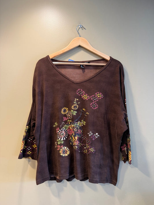 Vintage Bashi Brown Floral Half Sleeve Top- XXXL