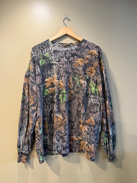Vintage Jerzees Outdoors TreeBark Camo Long-Sleeve Pocket T-Shirt- XL/XXL