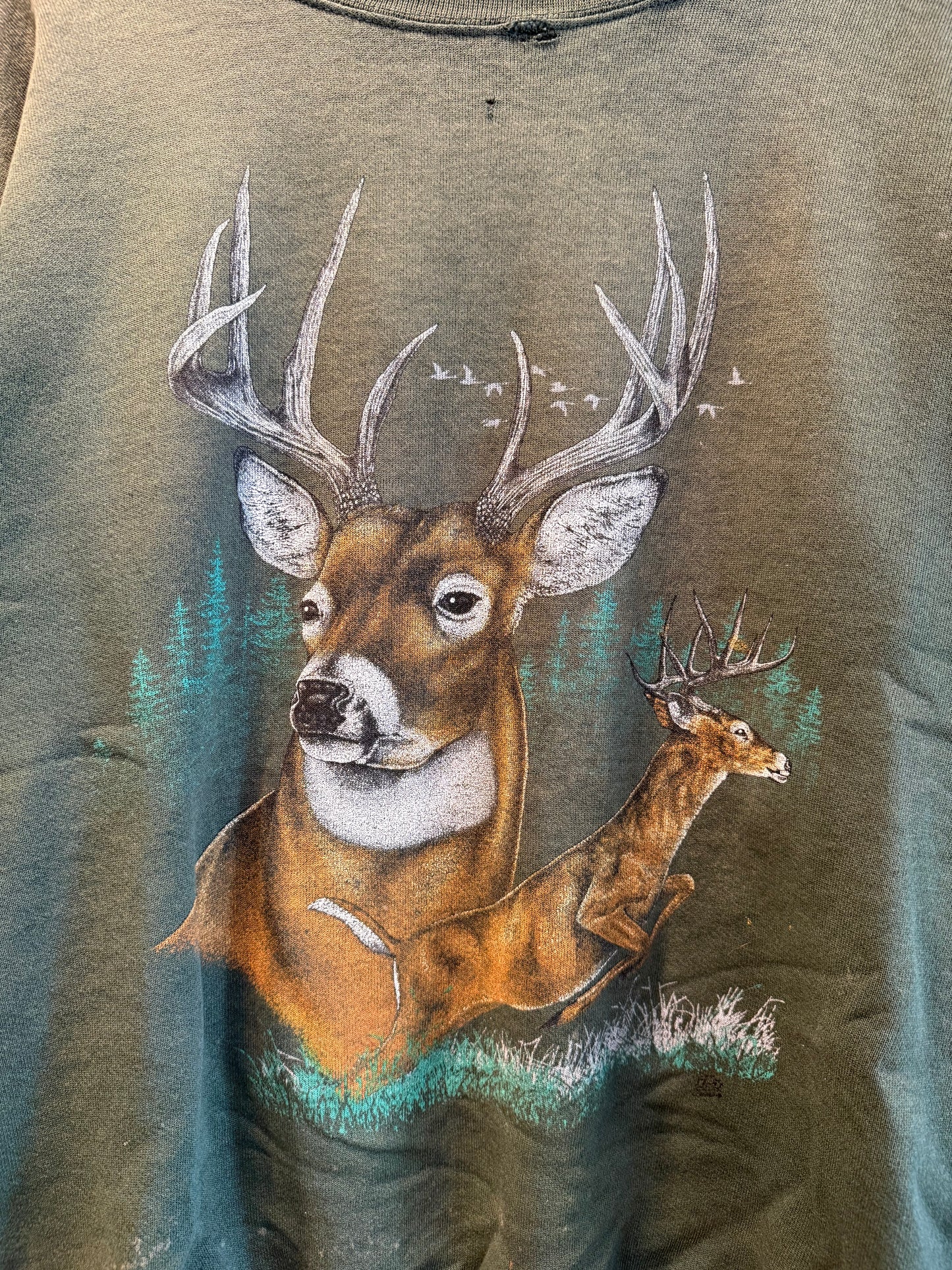 Vintage Buck Deer Nature Distressed Green Crewneck Sweatshirt- XL
