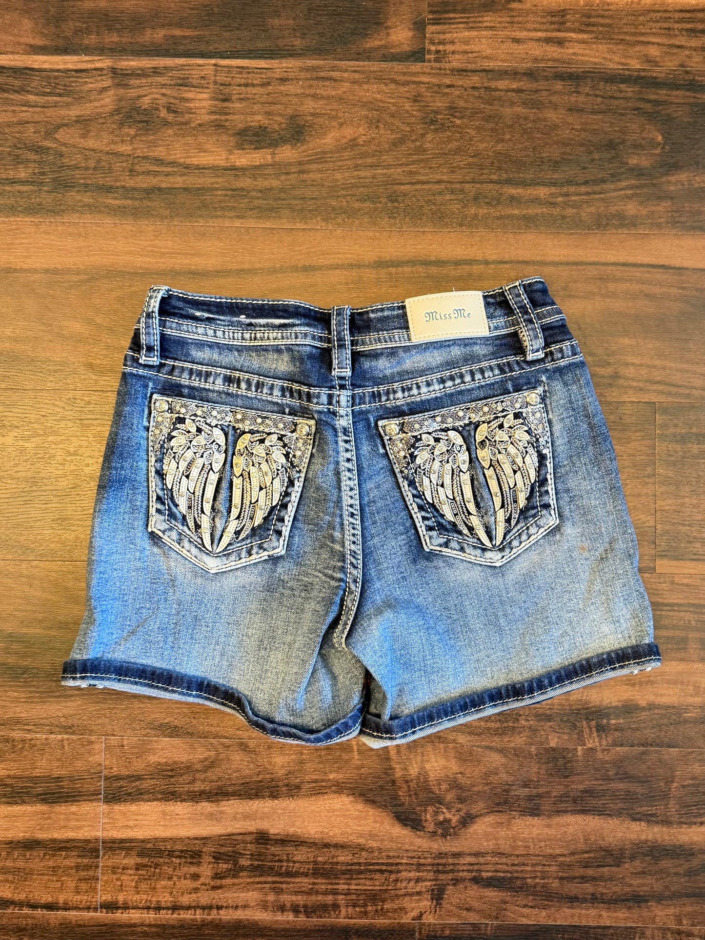 Vintage Miss Me Angel Wings Embellished Dark Wash Denim Jean Shorts- 30
