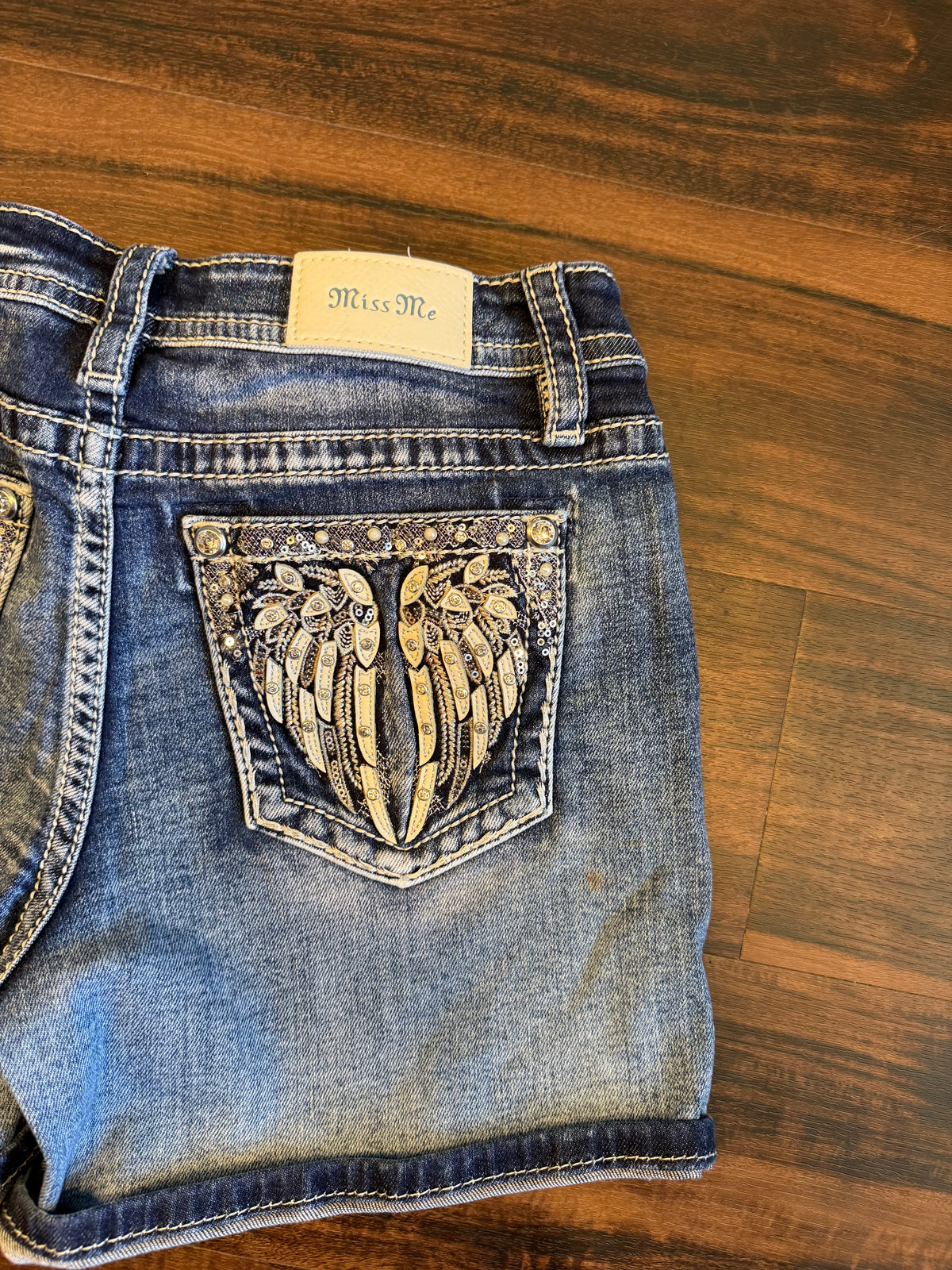 Vintage Miss Me Angel Wings Embellished Dark Wash Denim Jean Shorts- 30