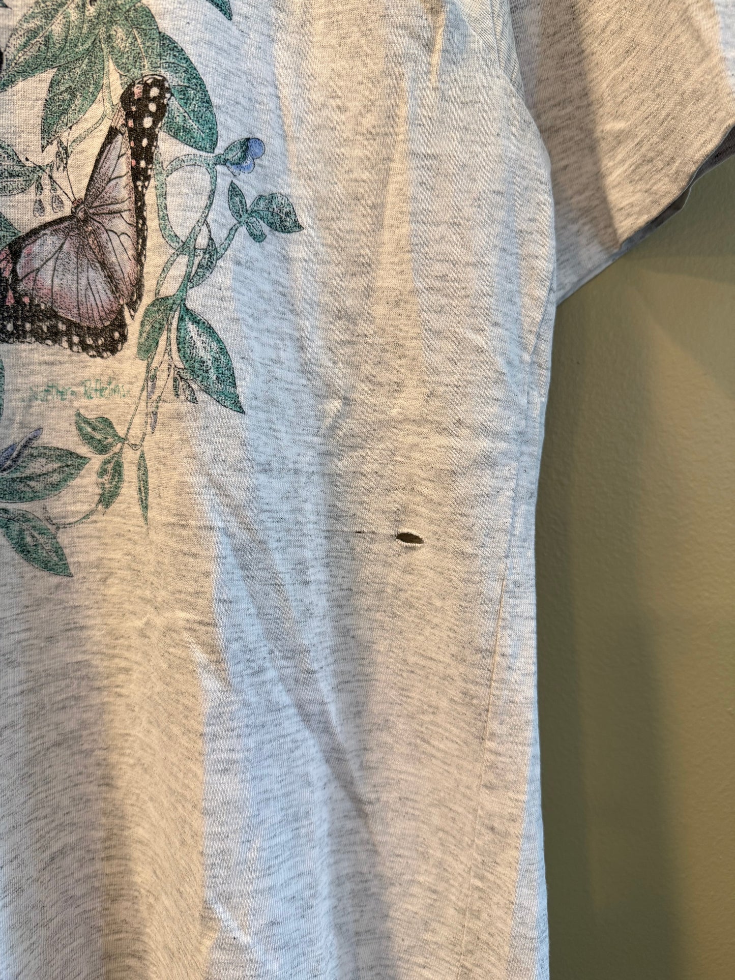Vintage Butterflies Gray Distressed T-Shirt- M