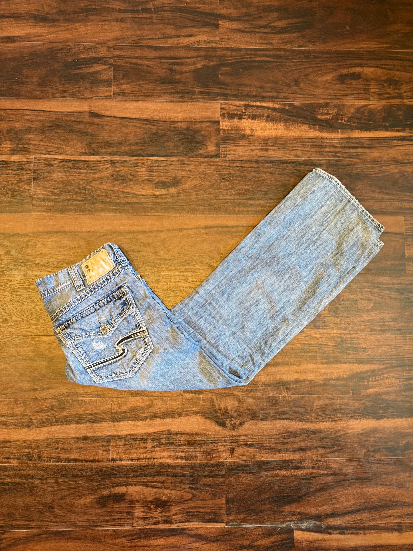 Vintage Silver Light Wash Distressed Boot Cut Jeans- 36x32