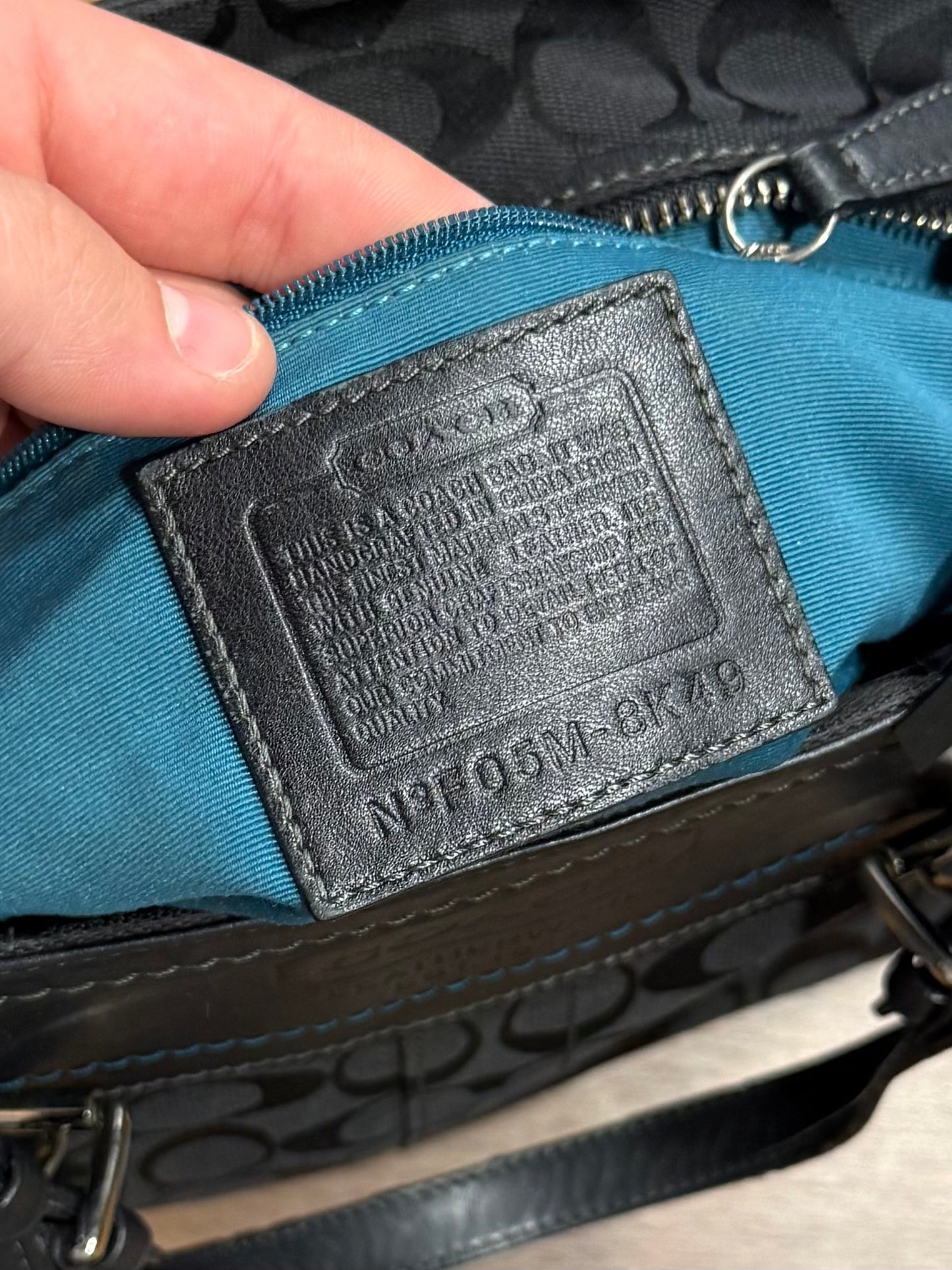 Vintage Coach F05M-8K49 Signature Gallery Black w/ Blue Trim Jacquard Tote Handbag