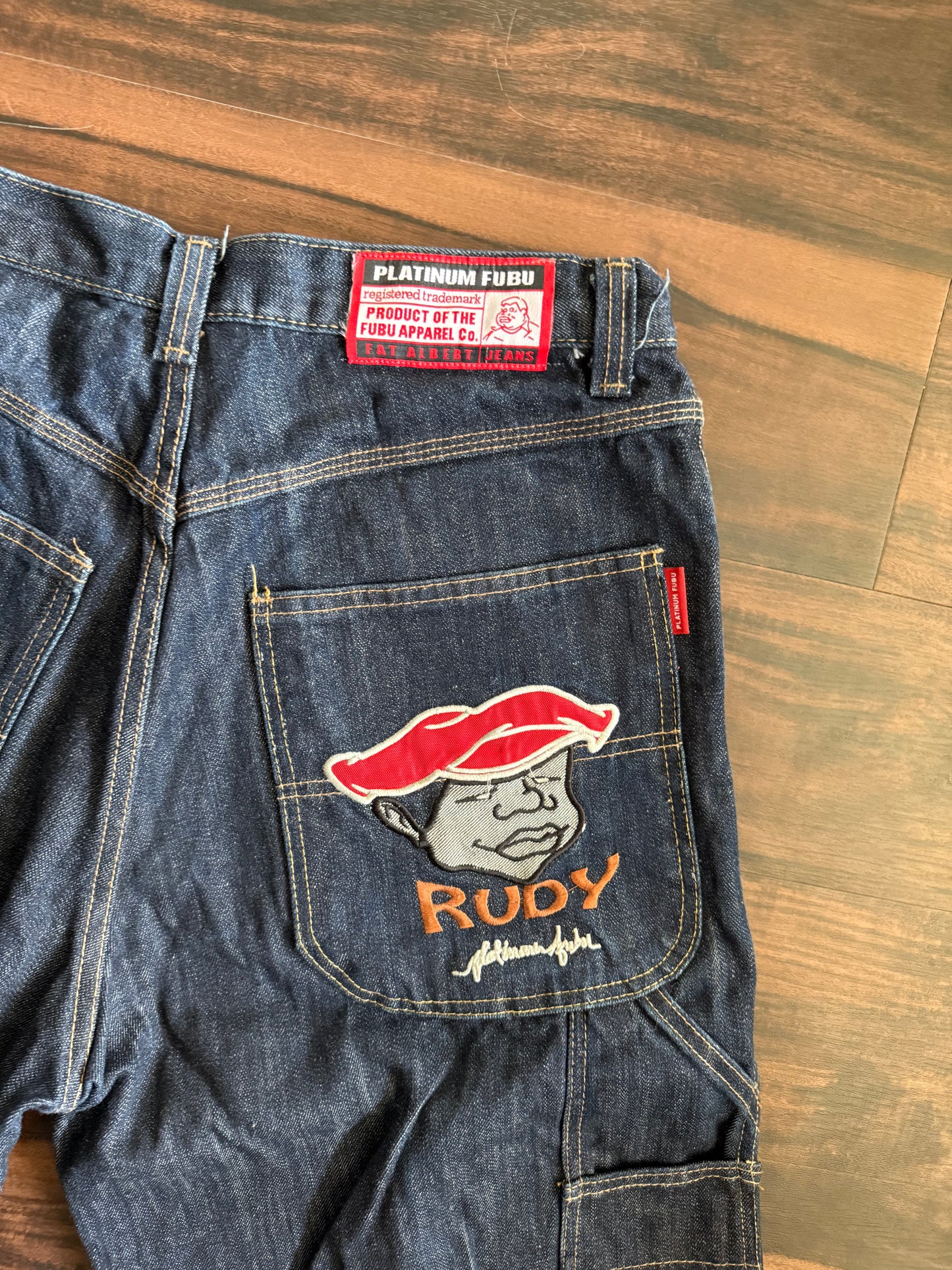 Vintage Y2K Platinum Fubu Rudy Baggy Dark Wash Carpenter Denim Jean Shorts- 34