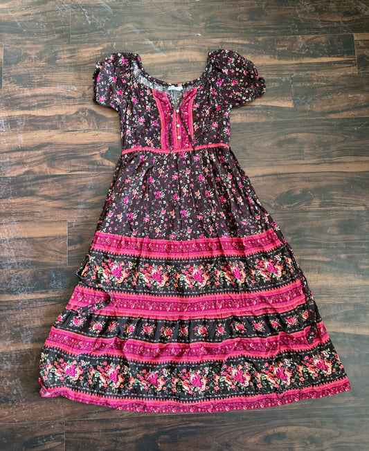 Vintage Floral Striped Full Length Dress- S