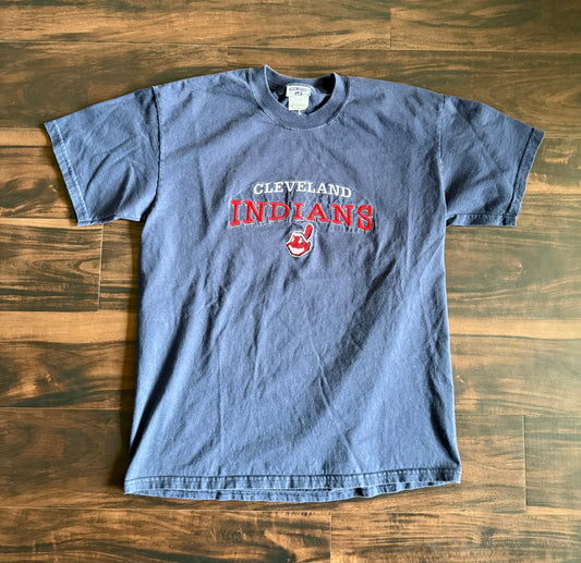 Vintage Cleveland Indians Embroidered Blue T-Shirt- L