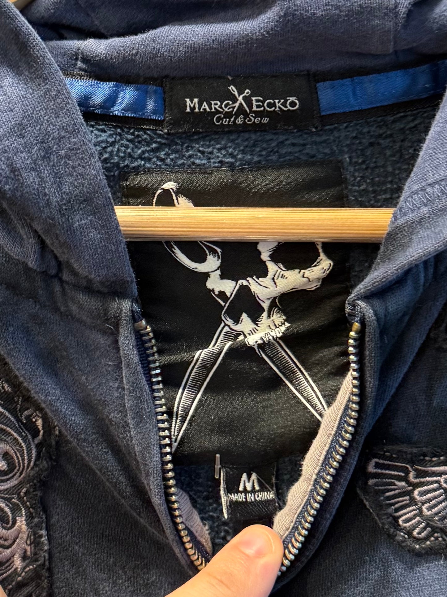Vintage March Echo Y2K Cut & Sew Blue Zip-Up Hoodie Sweatshirt- M