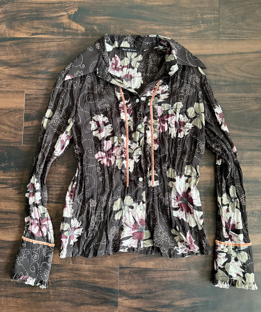 Vintage Brown Floral Lace Collared Blouse Shirt- S
